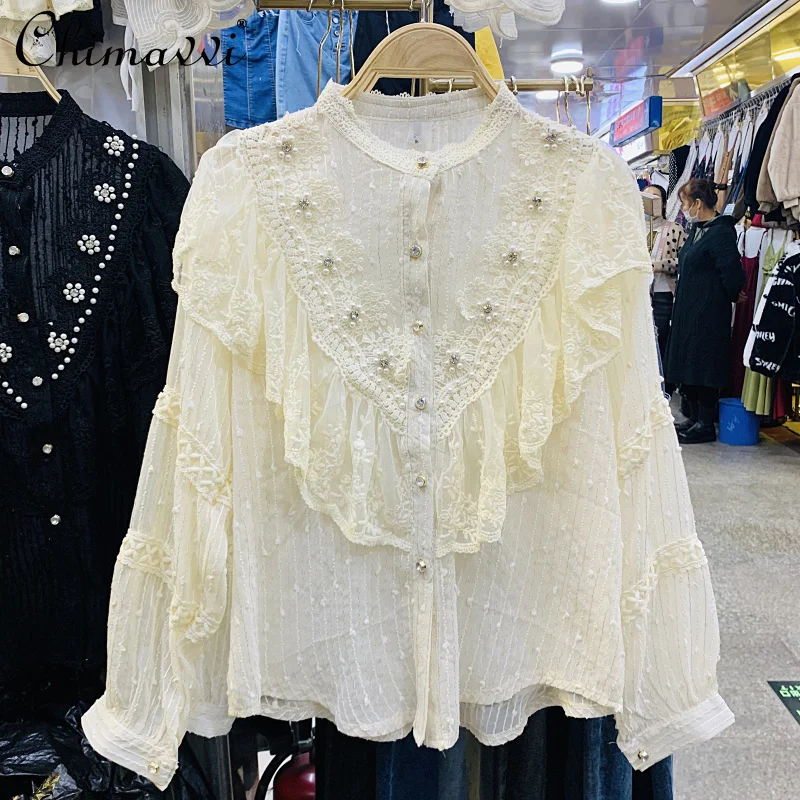 

Женская кружевная блузка с бусинами, однотонная блузка с круглым вырезом, однобортный шифоновый топ с оборками, новинка весны 2021