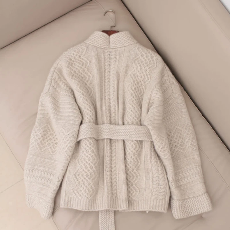 FMFSSOM осень зима шерстяной вязаный свободное с пояском Длинный Элегантный