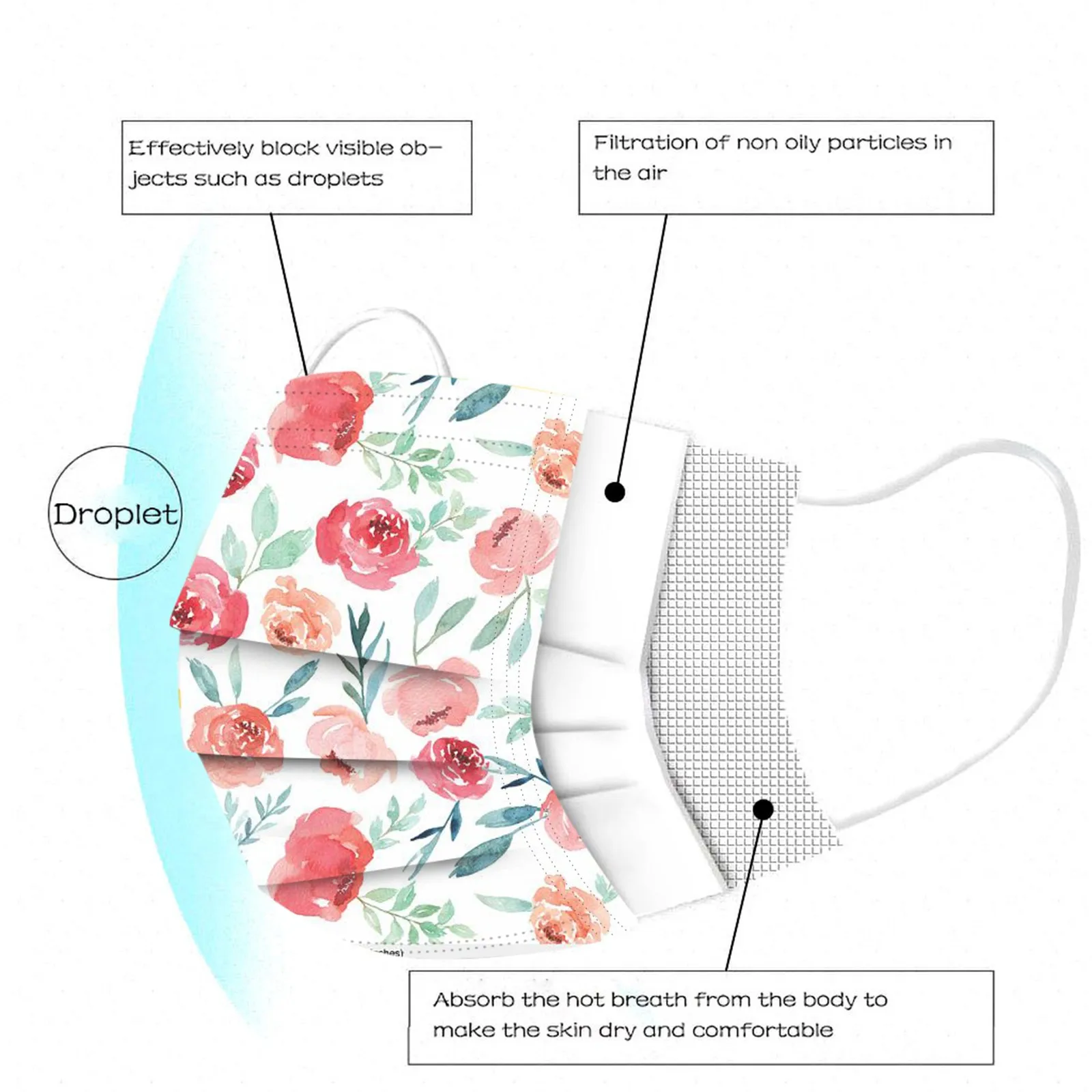 

Mascarillas Unisex Protection 50pcs Flower Printing Adult Disposable Christmas Mask 3 Layer Earring Face Mask Shield Masque