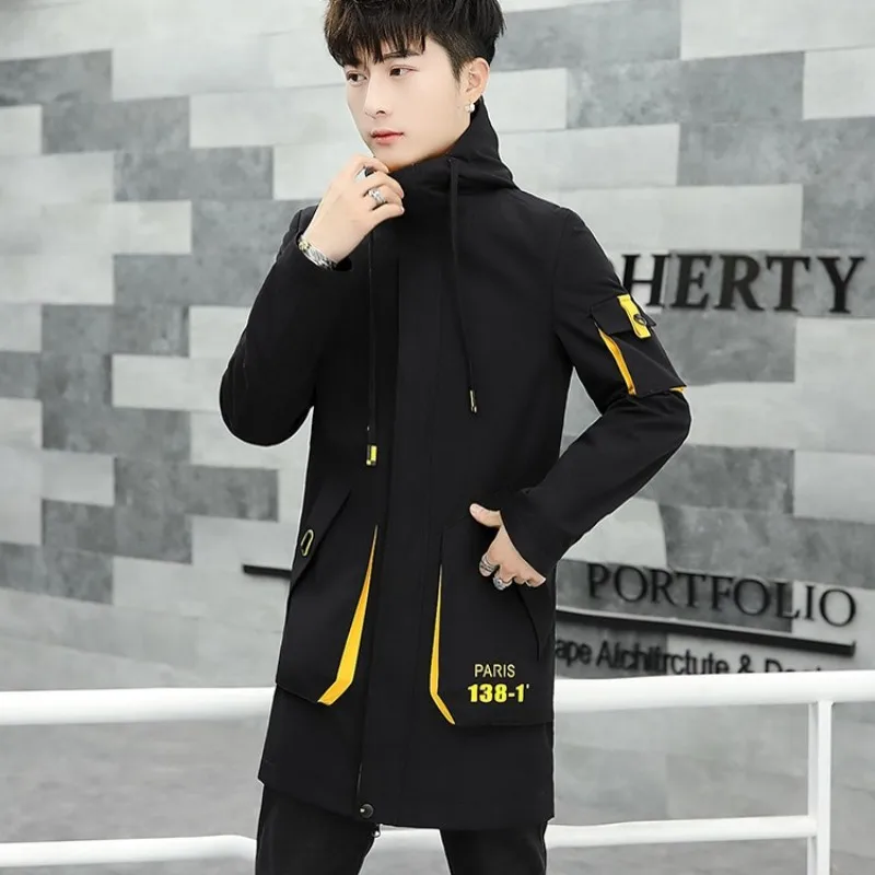 

Fashion Hooded Coat Men Casual Work Slim Medium Long Windbreakers 2021 New Spring Autumn College Style Zipper Black Outerwear