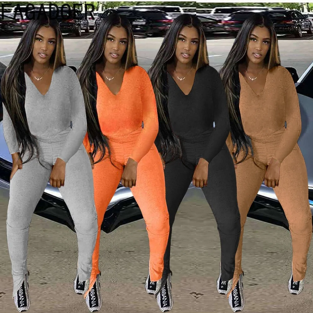 

FAGADOER Solid Casual Side Slit Design Two Piece Sets Women Long Sleeve Top And Pants Tracksuits Spring Fall 2pcs Matching Sets
