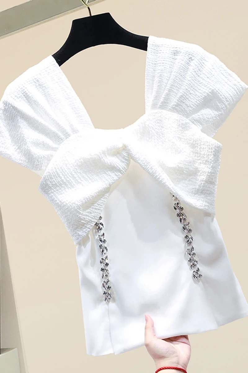 

2021 New Fashion Summer Blouse Korean Style Chiffon Shirt Women's Sleeveless Black Tops Diamonds Elegants Slim Shirts Lady Blusa