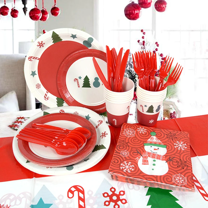 

Christmas Party Disposable Tableware Red White Snowman Xmas Tree Pattern Paper Plate Cup Napkins New Year Decor Birthday Cutlery