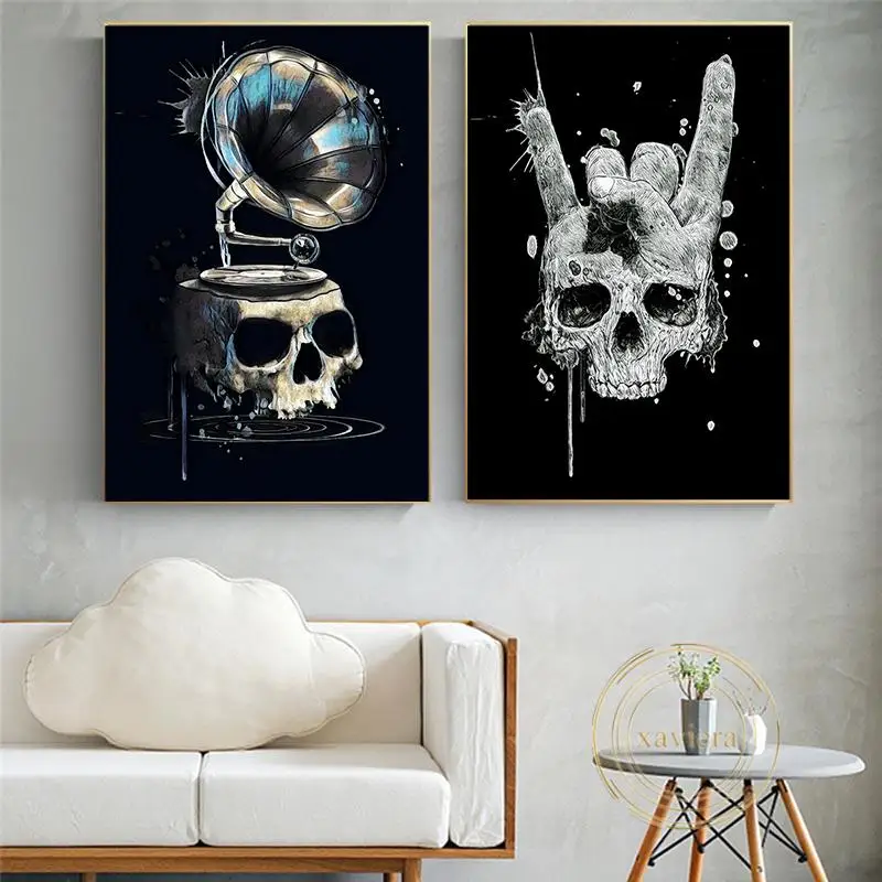 

Abstract Skeleton Retro Posters and Prints Skull Phonograph Wall Art Canvas Painting Nordic Modern Home Decoration Living Room
