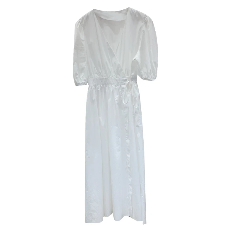 

South Korea Dongdaemun 2021 Spring New High Waist One Piece like Lace-up Waist-Controlled Puff Sleeve Dress Slimming Dress