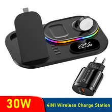 30W Fast Wireless Charger For Airpods Pro Apple IWatch 4IN1 Time Clock RGB Light Charging Station for iPhone X 13 12 11 Pro Max