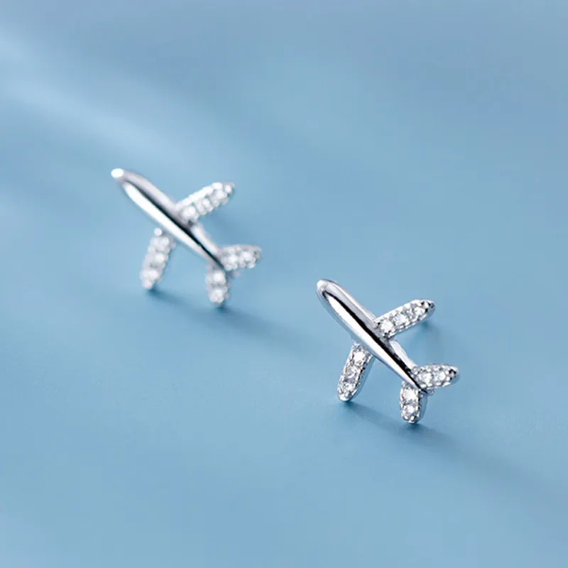 

925 Sterling Silver Crystal Airplane Charm Simple Stud Earrings For Women Girls Minimalist Jewelry eh813