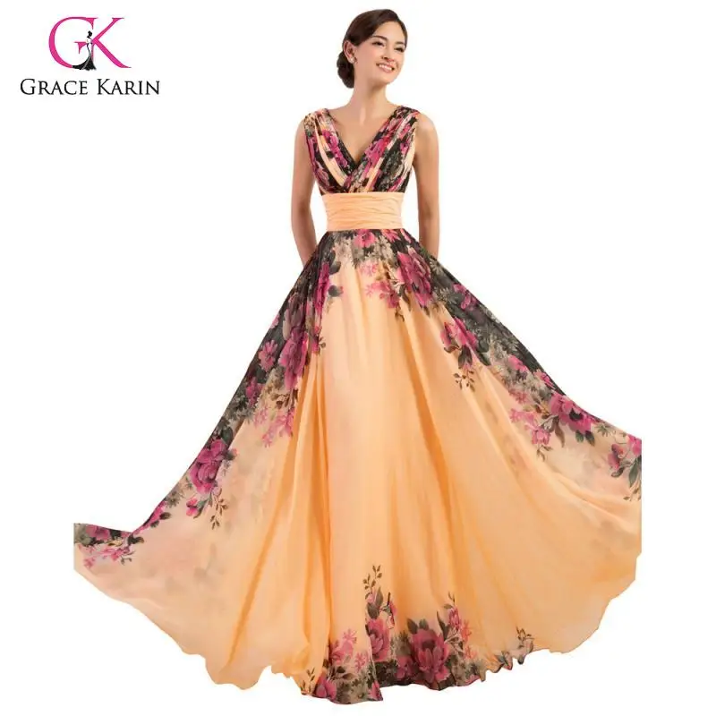 Женское шифоновое платье до пола Grace Karin летнее без рукавов с V образным вырезом и