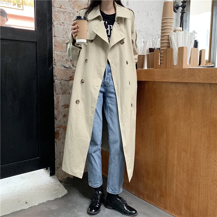 

Женский двубортный тренчкот, Свободное длинное пальто большого размера в Корейском стиле, ветровка на осень и весну, 2021