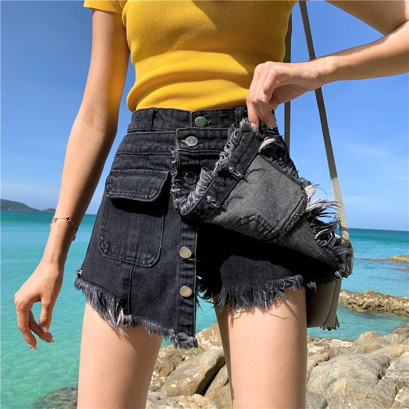 

Summer Fake Two Piece Shorts Skirts Women Fashion Korean Style High Waist Mini Skirt Shorts 2021 Chic Button Pocket Denim Shorts