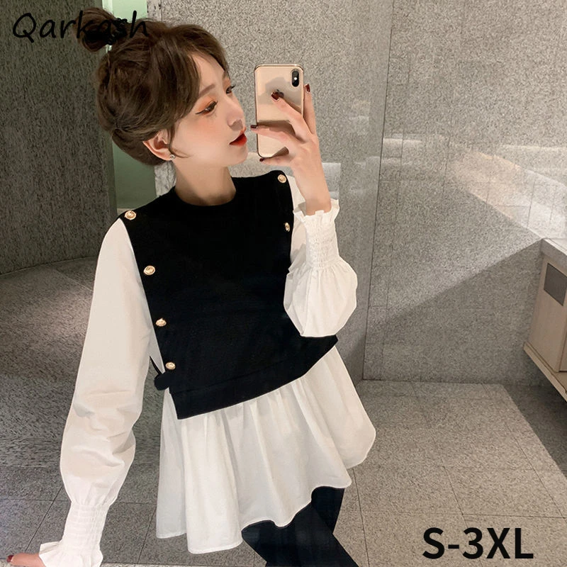 

Patchwork Blouses Women Plus Size S-3XL Spring Design Retro Leisure Tops Fake Two Pieces Fashion Ulzzang Ladies All-match Ins