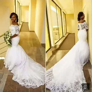 White Mermaid Off the Shoulder African Women Wedding Dresses Half Sleeves Beaded Lace Buttons Back Black Women Wedding Gown