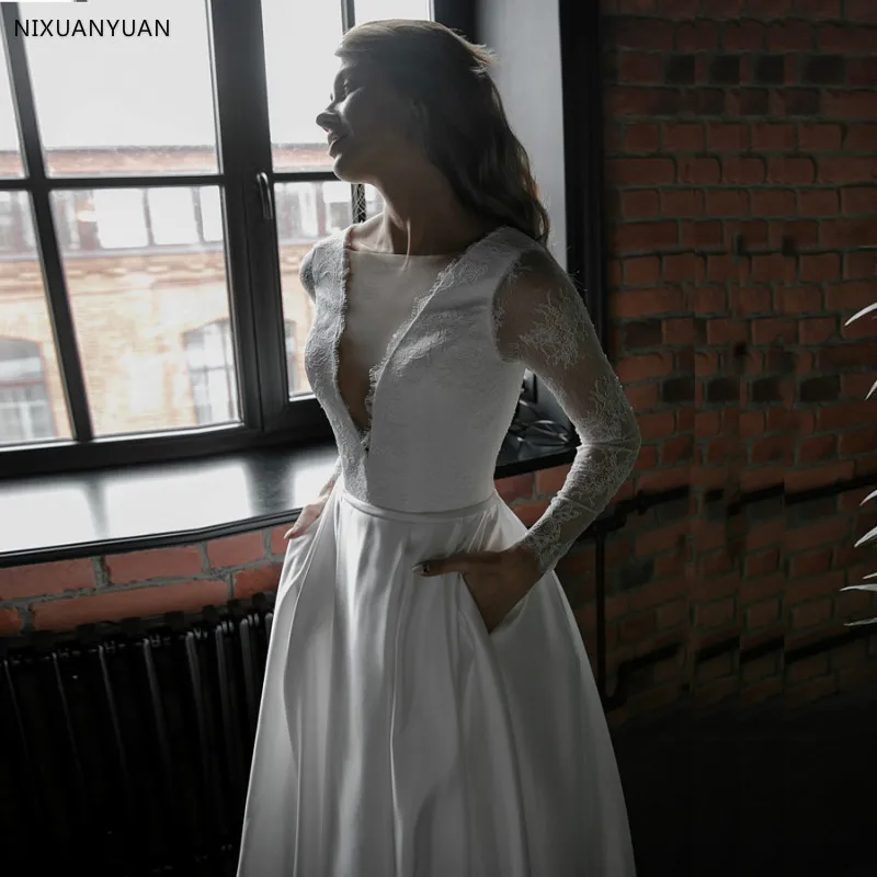 Белые свадебные платья цвета слоновой кости с карманом Vestido Noiva Элегантный атласный с длинным рукавом свадебное платье развертки Шлейфы для свадебных платьев