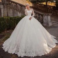 alonlivn high end emboridery lace chapel train wedding gowns o neck full sleeves floor length ball gown bridal dresses