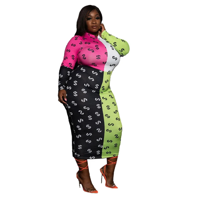 

Размера плюс, одежда для женщин, элегантные платья с длинными рукавами в стиле пэчворк платье долларов облегающее платье с абстрактным прин...