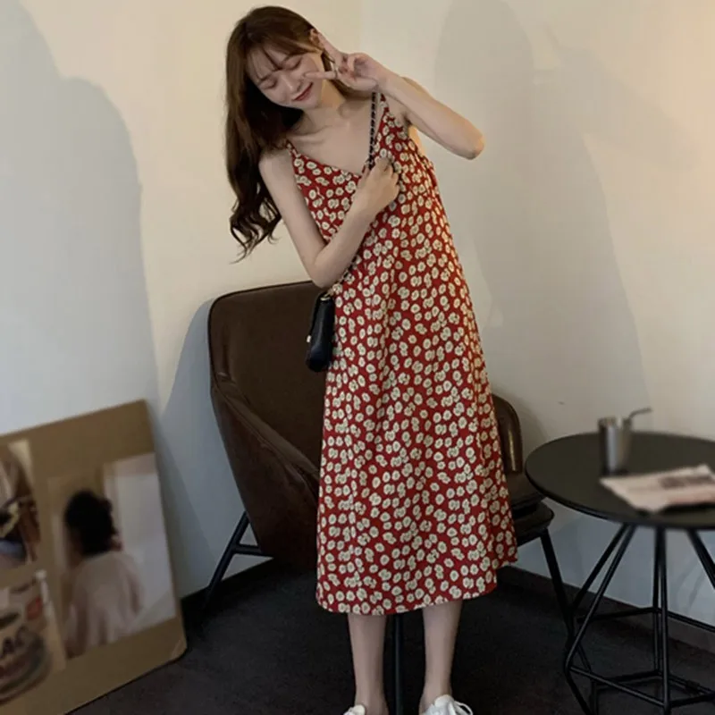 

Summer Women Casual Sweet Dress Sexy Sleeveless V neck Temperament Floral Printed Dress Girls Mid length Strap Dress