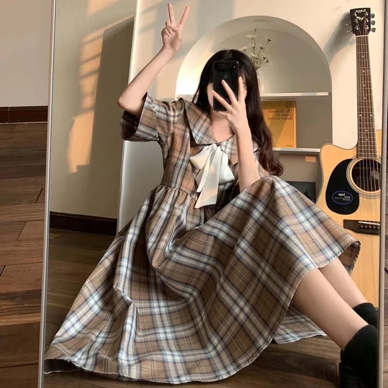 

Kawaii Doll Collar Bow Plaid Dress Summer Japanese Girl Lolita Midi Dress Elegant Retro Cute Puff Sleeve Harajuku Gothic Dresses
