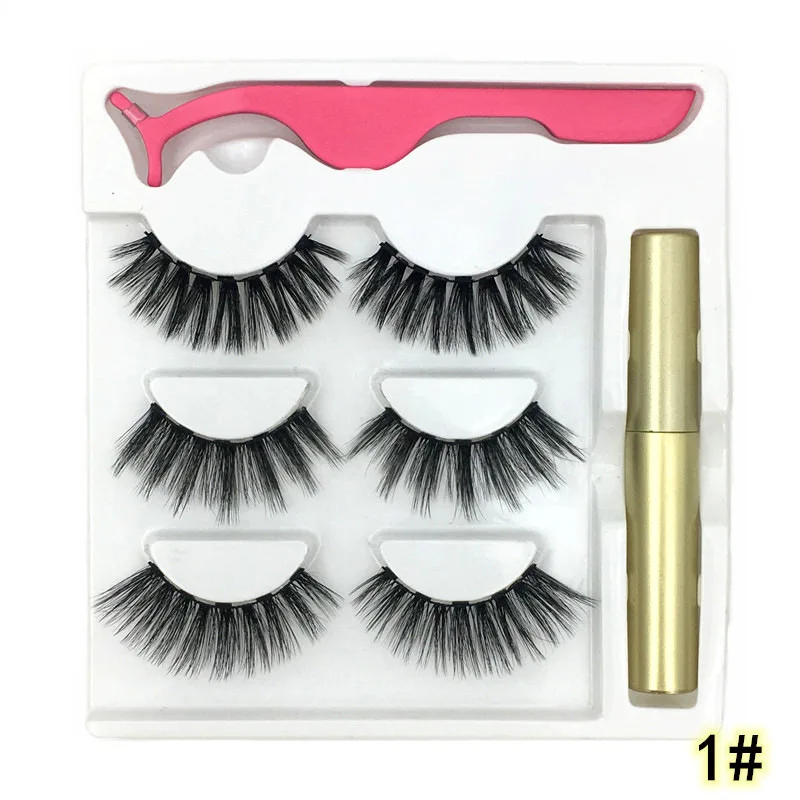 

3 Pairs Magnetic Eyelashes Natural 3D Mink False Eyelashes Magnet Extension Dounle Liquid Eyeliner&Tweezer Set Tool TSLM1