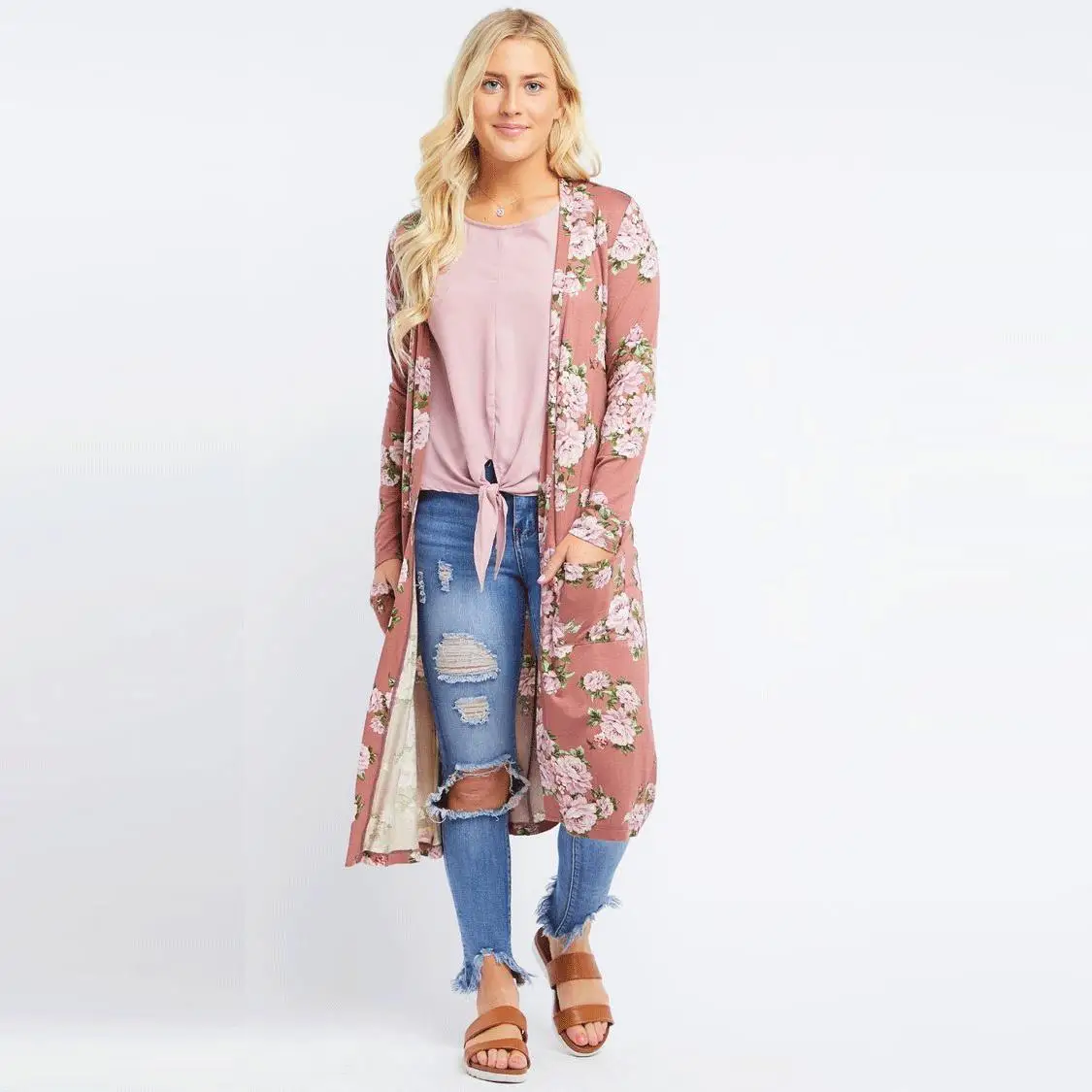 Женский весенний и осенний кардиган длинный Qmilch цветочный принт удлиненный