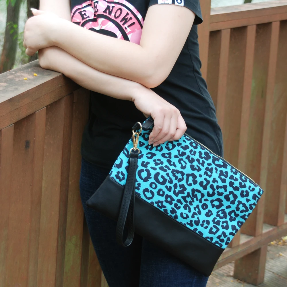 Оптовая Продажа Бирюзовый Леопардовый клатч Аква принт браслет мешок холст