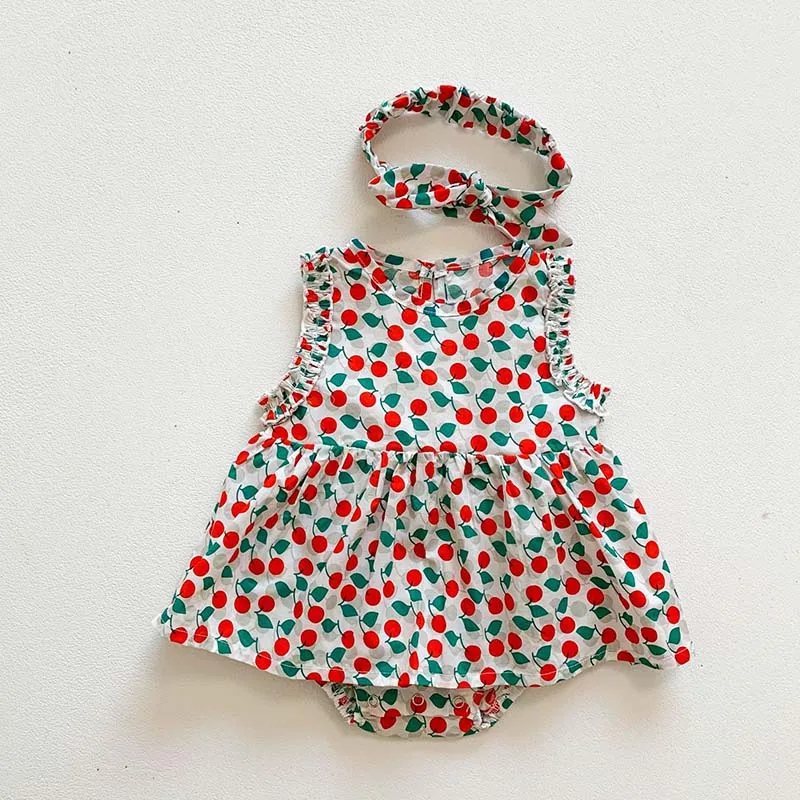 

Summer Baby Girls Clothes Sleeveless Cherry Print Jumpsuit Infant Girls Dress Outfit Send Headband