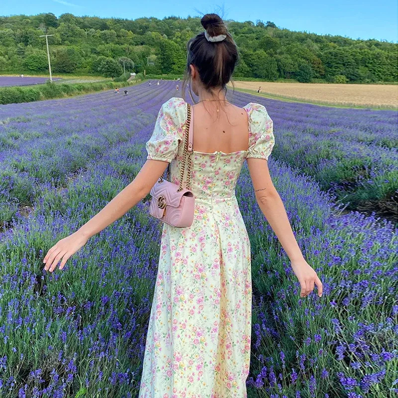 

Women Clothing Summer Sexy Fashion Bubble Sleeve Floral Lace-up High Split Long Dress Vintage Korean Elegant