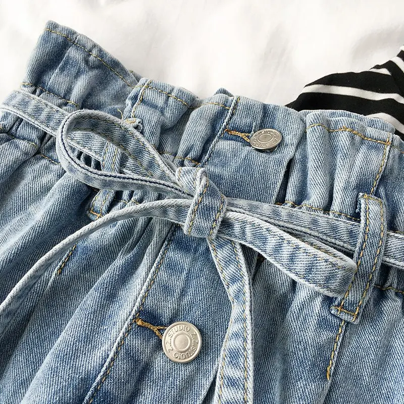 Korean Fashion Blue Jeans Woman Vintage Washed High Waist Female Casual loose Elastic Pockets Denim Pants | Женская одежда