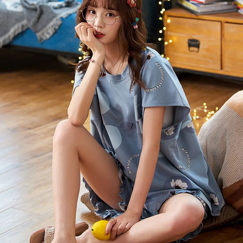 

Seeslim Summer Women Short Cotton Sleepwear Print Sweet Women Nightwear Pajama Set Cotton Pyjamas Soft Loose Homewear Fashion