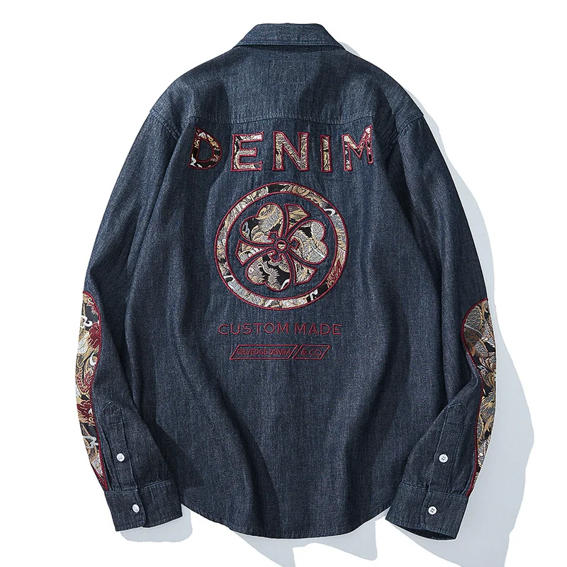 

Onidenim Water Drop Sleeve National Fashion Denim Shirt Embroidered Denim Japanese Fashion Brand Men's Autumn Winter Retro
