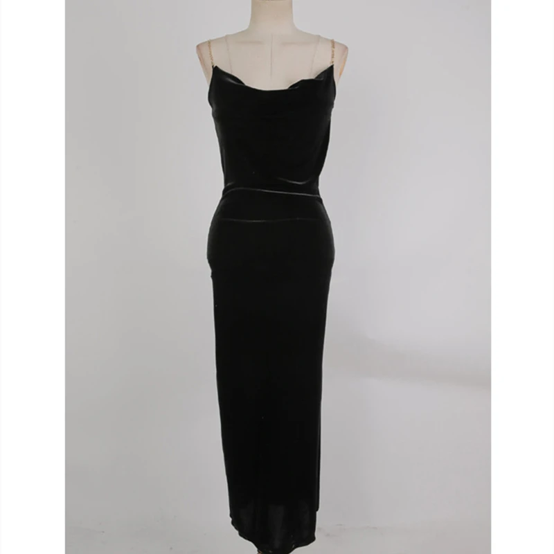 

Sexy Velvet Sling Dress Side Slit Solid Color Slim Bottoming Fashion Mid-Calf Dress Spring New 2021