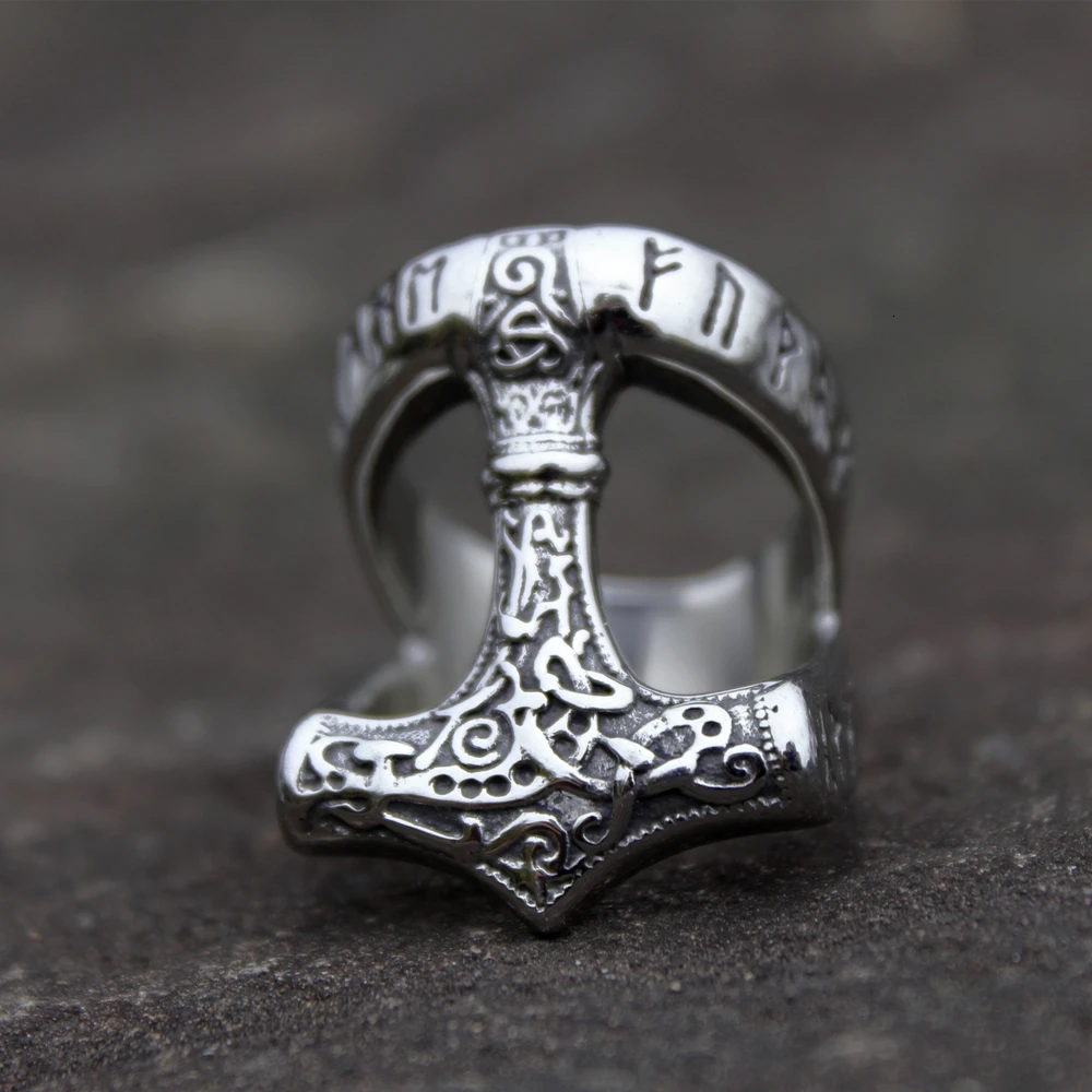 

Vintage Mens Viking Mjolnir Thor's Hammer Celtic Knot Ring Cool 316L Stainless Steel Nordic Rune Rings Retro Amulet Jewelry