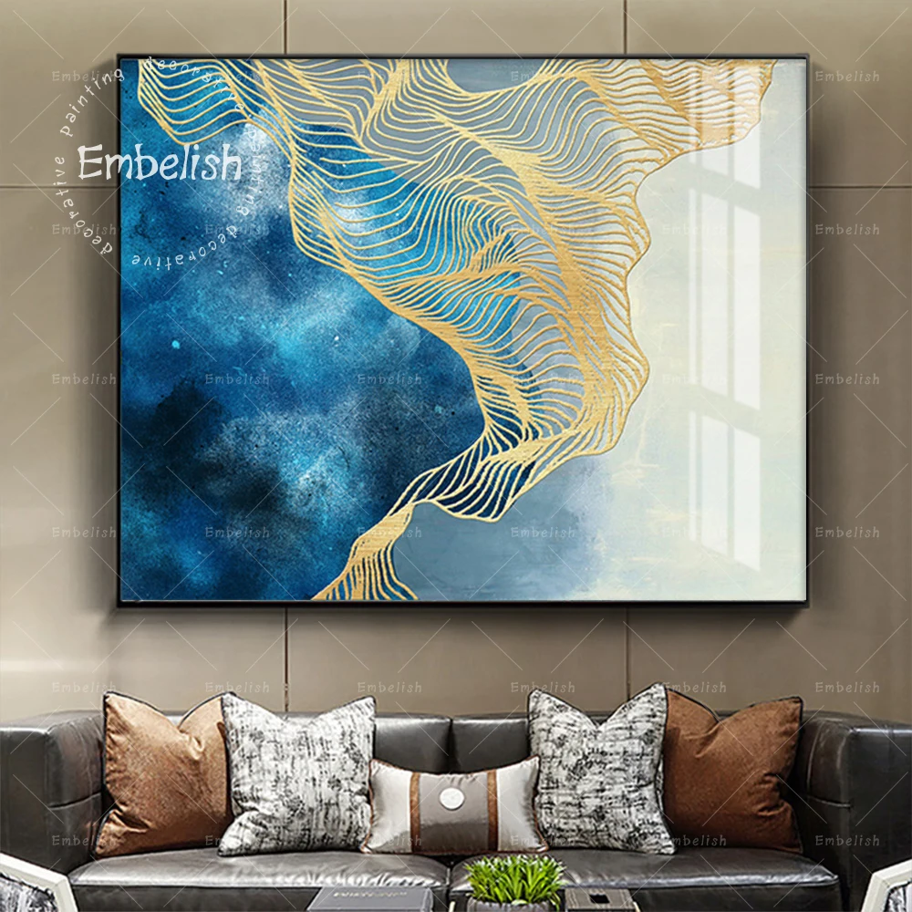 

Embelish Abstract Gold And Blue Color Nordic HD Spray On Canvas Paintings For Living Room Artworks Home Decor Wall Pictures