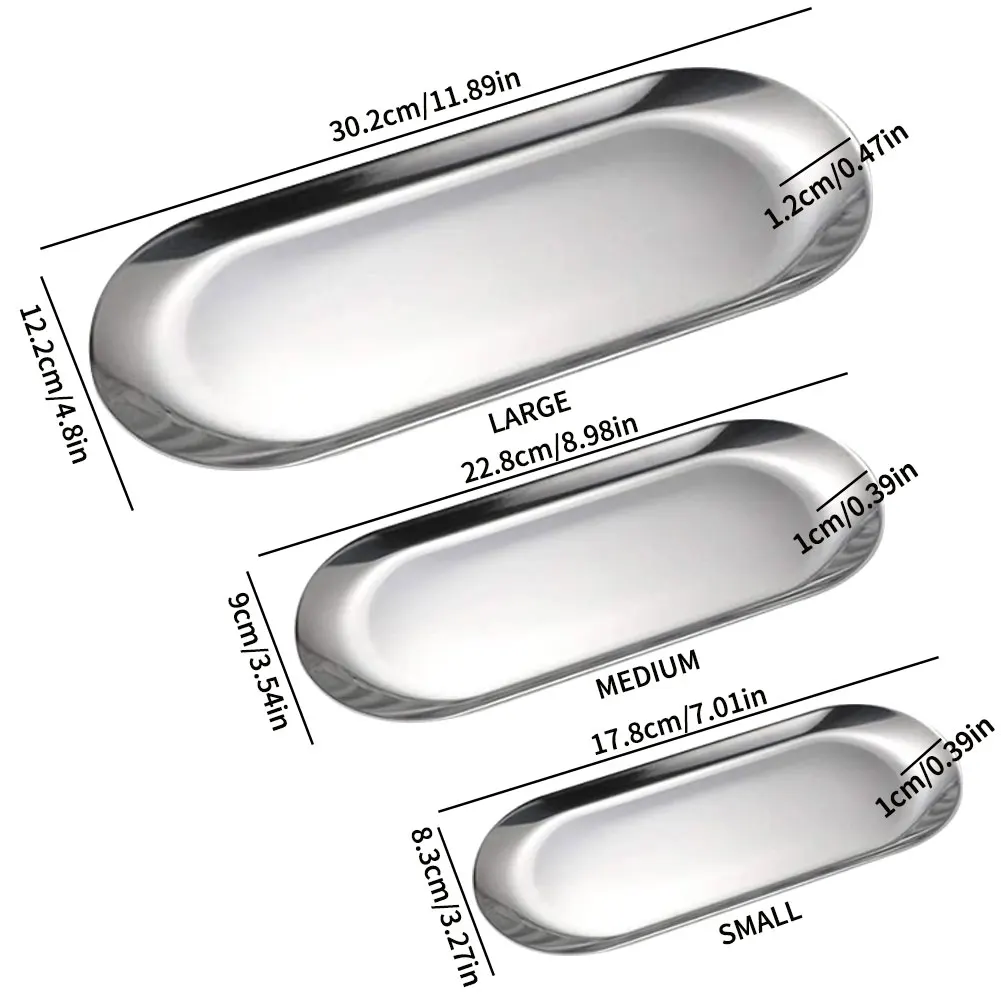 

3PCS Stainless Steel Towel Tray Decor Metal Home Storage Plate Oval Mirrored Candle Cosmetic Holder Food Organizer Silver Golden