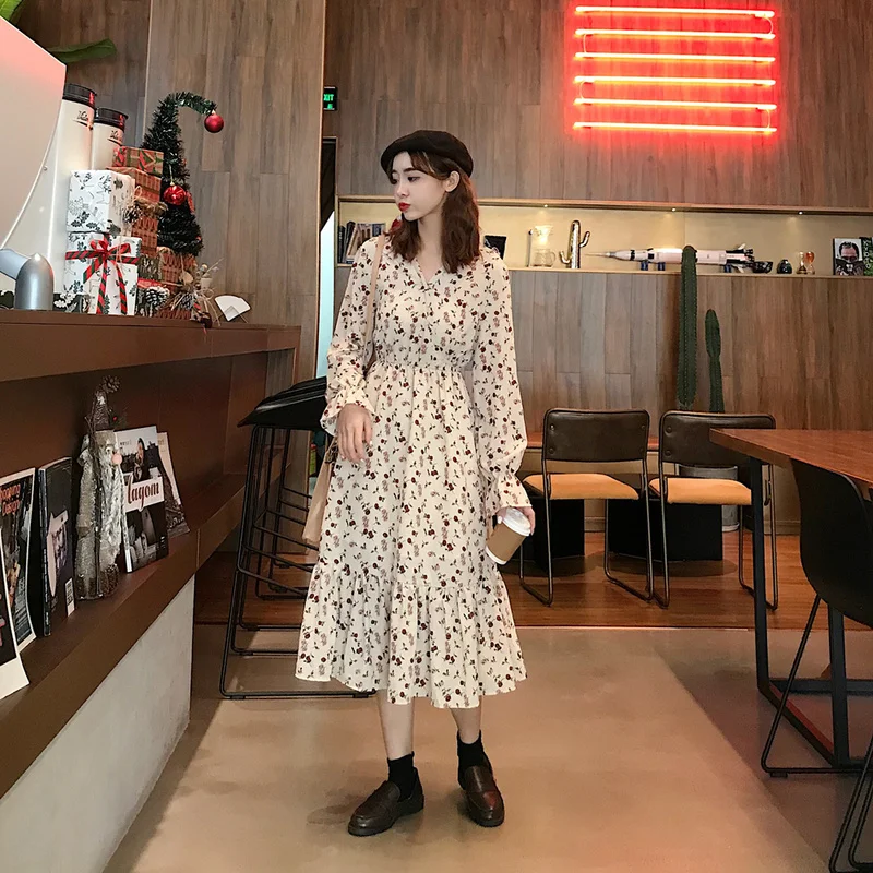 Весенне-летнее корейское платье женское Цветочное с длинным рукавом размера