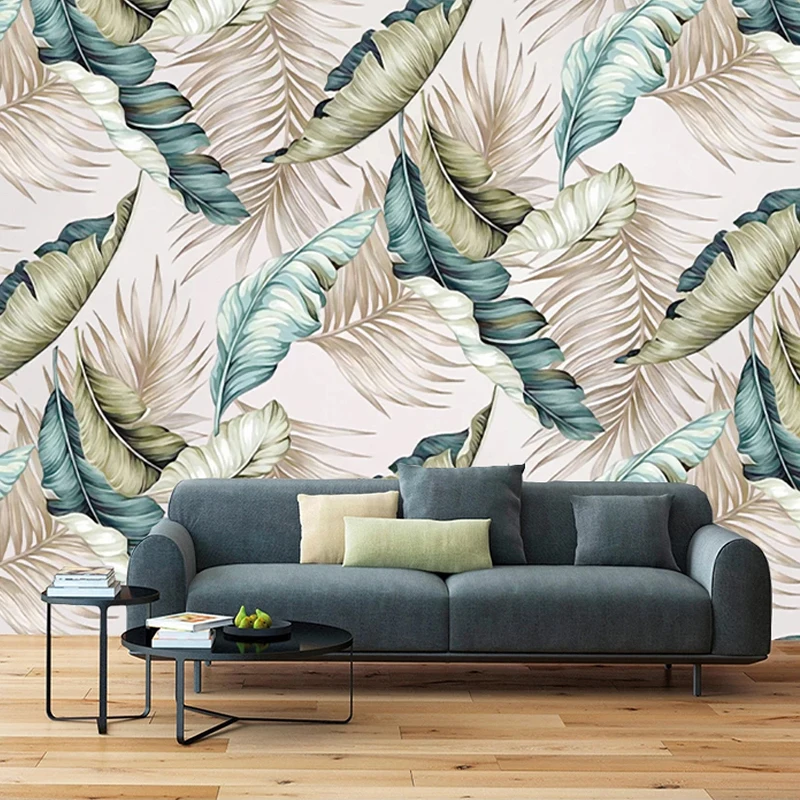 

Прямая поставка пользовательские обои современные расписанные вручную листья банана тропические леса фрески гостиная ТВ диван 3D наклейки