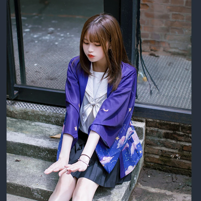 Женский кардиган-кимоно в стиле бохо голубая и розовая рубашка с принтом