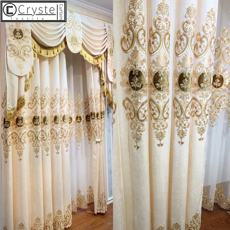 Curtains medium Curtains for Living Dining Room Bedroom Luxury European Velvet Sheer Gold Print High Shading Window Embroidered Chenille Valance voile curtains