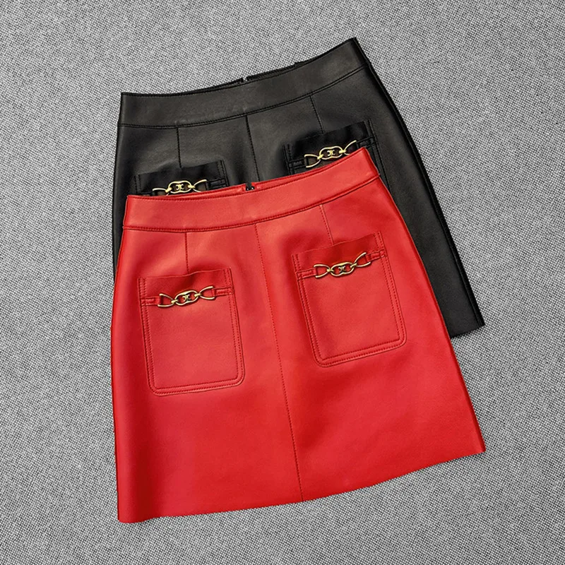 

Autumn Women's 2020 High Quality Sheepskin Real leather mini Skirt Chic Women genuine leather pockets skirt C564