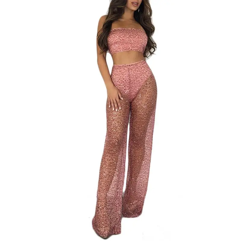Женский Блестящий укороченный топ с блестками и штаны комплект из двух предметов