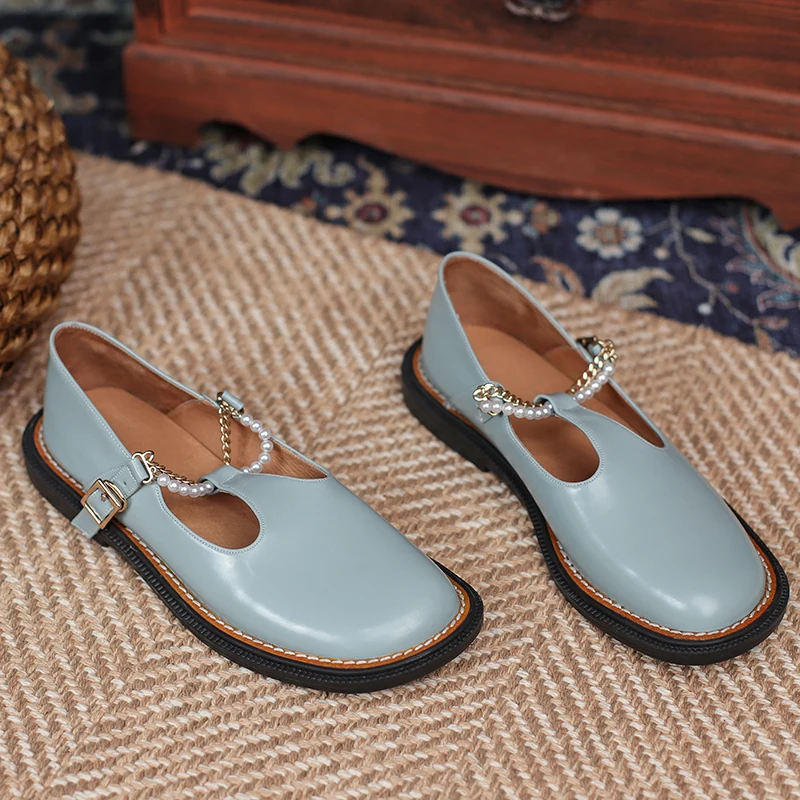 

Pearl Decoration Flats for Women Genuine Leather Comfortable Shoes 2021 Spring New High Quality Mary Janes Round Toe Shose Women