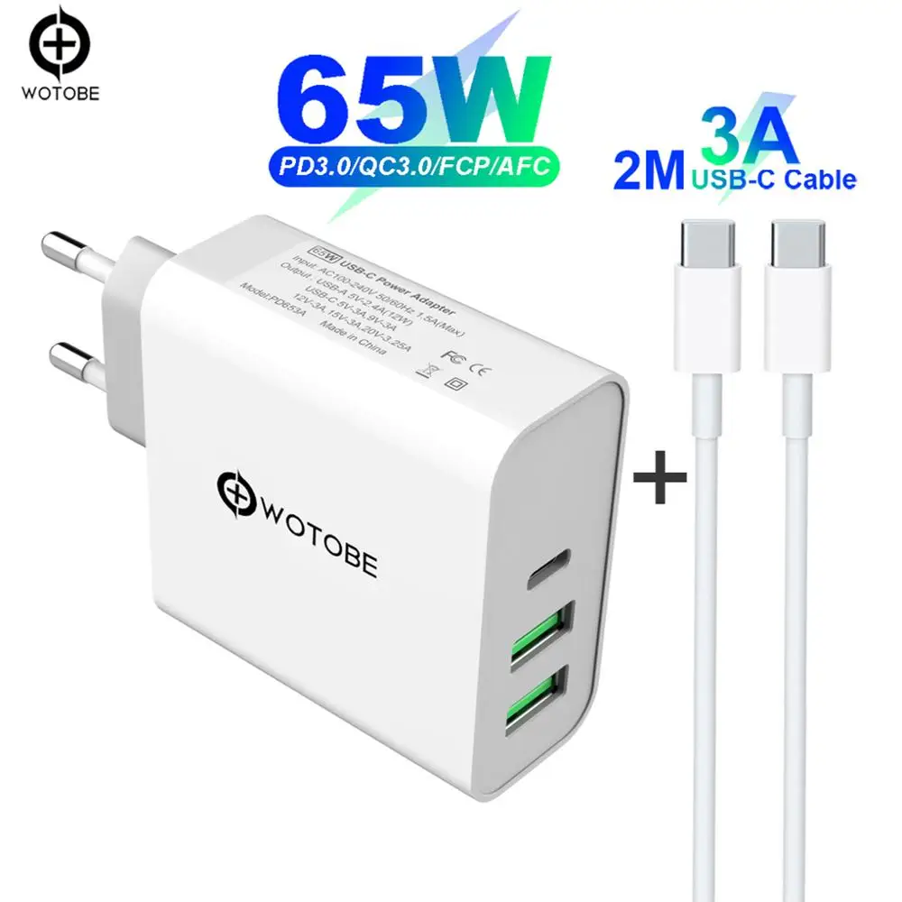 With cable 65W TYPE-C USB-C Power Adapter USB PD65W/60W/45W QC3.0 Charger 2M USB-C cable For USB-C Laptops MacBook Pro/Air iPad Pro iPhone - Тип штекера: With cable