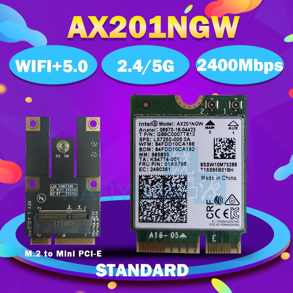 Dual Band 2400Mbps Wireless For Intel Wi-Fi 6 AX201 Bluetooth 5.0 NGFF Key E CNVi Wifi Card AX201NGW 2.4Ghz/5Ghz 802.11ac/ax | Компьютеры
