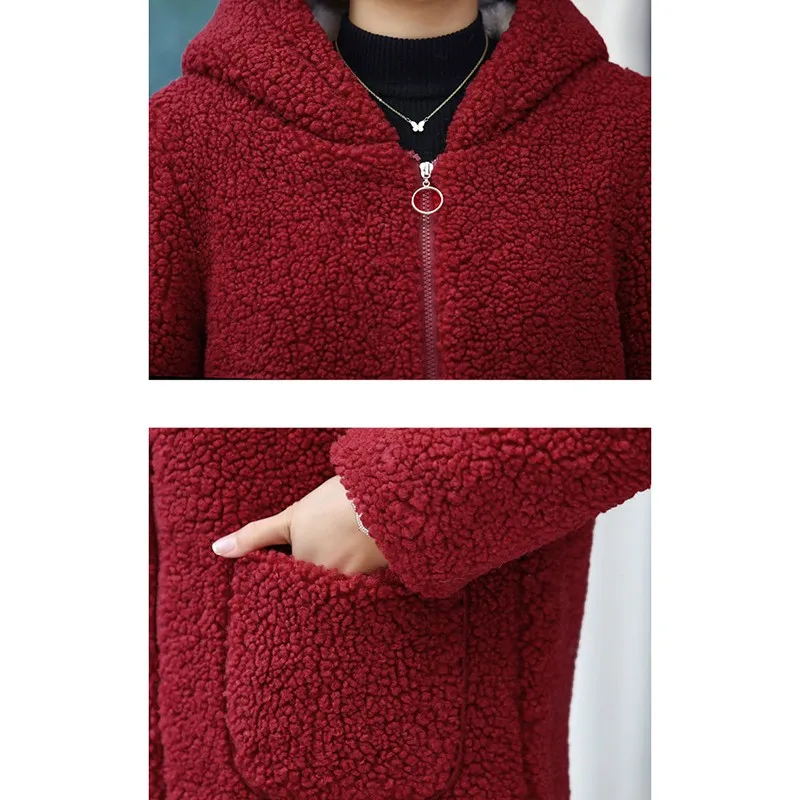 Mother Winter Women Fur Lambswool Polar Fleece Plus Velvet Cotton Jacket Coat 5xl Overcoat Hooded Female Outerwear images - 6