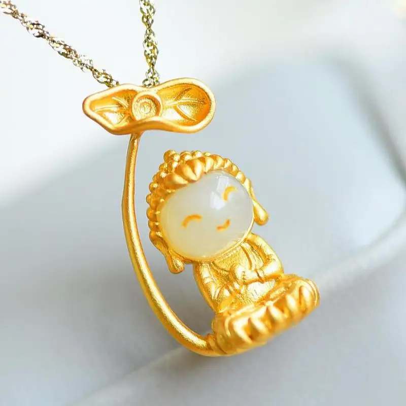 

100% 925 Sterling Silver White Jade Buddha Pendant Necklace Women Ancient Silvers Gold Buddhas Statue Charms Lucky Amulet Gifts