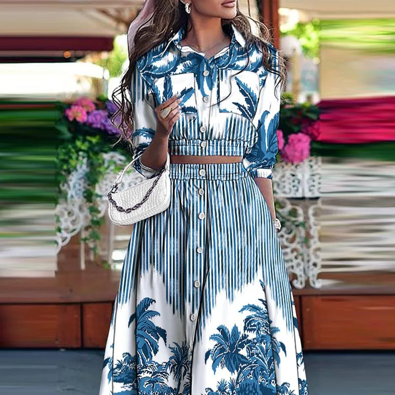 

2021 Autumn New Two-Piece Full-Print Button Pocket Blouse And Skirt Suit Ladies Fashion Shirt Sleeve Stand Collar Casual Suit