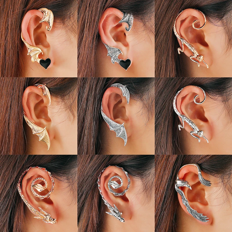 Goth Gold Silver Color Dragon Earrings for Women Cat Ear Clip No Piercing Fake Earring Hanging Heart Eagle Bat Wing Elf Ear Cuff