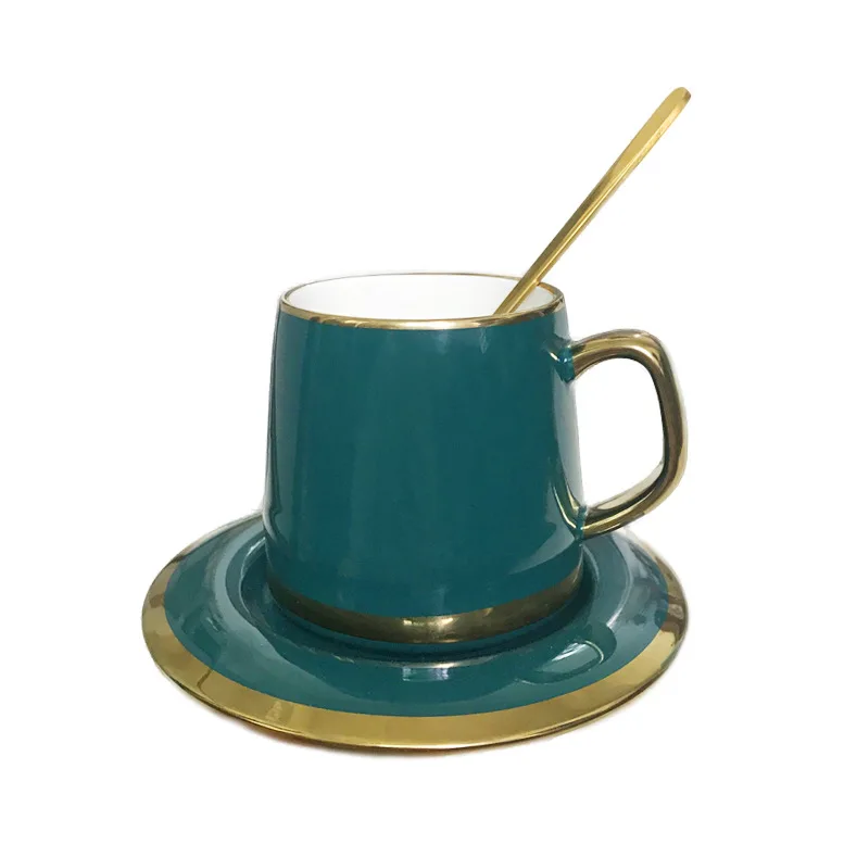 Luxurious Ceramics Coffee Cup Sets With Lid Dish Spoon Gift Box Suit Mugs Milk Tea Green Drinkware 350ml |