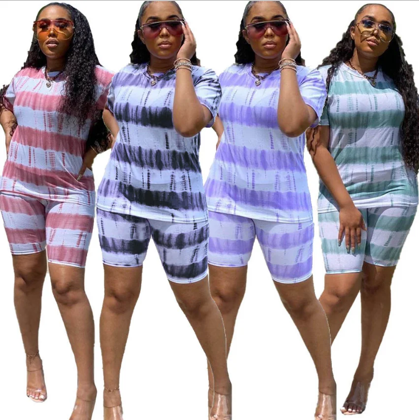 

Womenb Tie-dye Striped Printing Casual Two Piece Sets Fashion Elastic Waist Biker Shorts + O-neck Short Sleeve T-shirts Outfits