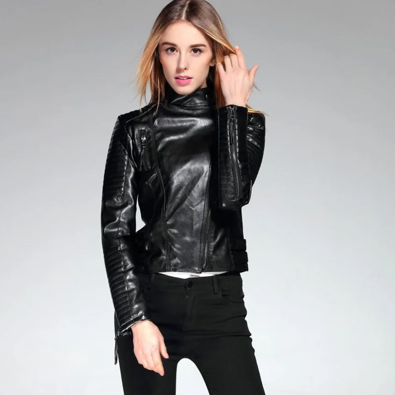 

High End Autumn Women Black Pu Leather Coat Casual Slim Soft Motorcycle Locomotive Leather Cool Jacket Trend