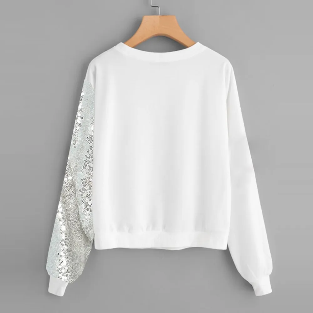 Модная зимняя женская блузка 2019 с блестками цветным блоком круглым вырезом